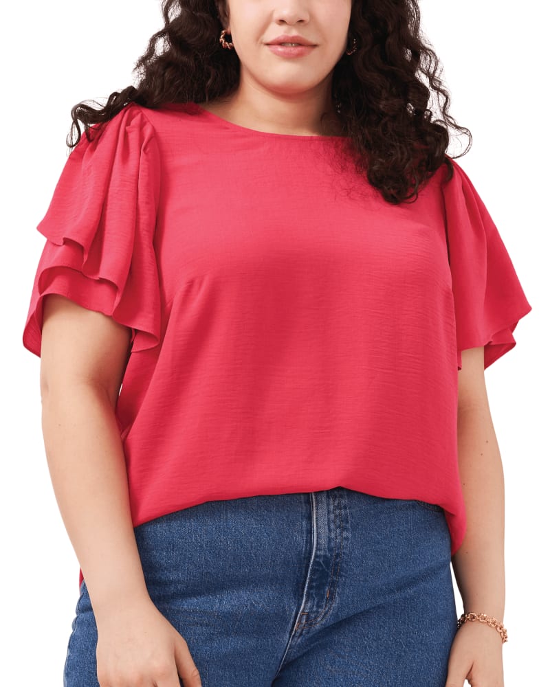 Front of a model wearing a size 1X Skylar Tiered Blouse in GERANIUM by Vince Camuto. | dia_product_style_image_id:261235